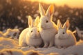 Cute white Bunnies family in snow. Generative AI