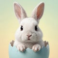 Cute white bunny with big ears peeking out of a cracked blue Easter egg, set against a soft, gradient pastel background Royalty Free Stock Photo