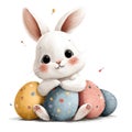 Cute White Bunny with Big Eyes Sitting Among Colorful Easter Eggs Isolated on White Background Royalty Free Stock Photo