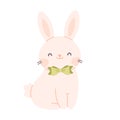 Cute white bunny with bow tie. Easter and spring character. Vector illustration in flat style