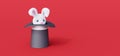 Cute white bunny comes out of the hat. Magician trick concept on red background 3d render