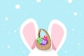 Cute white bunny with egg in basket on head, rabbit cartoon vector, Happy Easter, seasonal holiday background Royalty Free Stock Photo