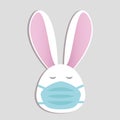 Cute white bunny in face mask on grey background with text. Stay home stay safe. Air pollution concept. Spring allergy. Vector in