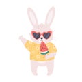 Cute white bunny in glasses with watermelon ice cream waving hand. Hello summer, summer vacation, summertime. Hand drawn Royalty Free Stock Photo