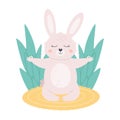 Cute white bunny meditating in lotus pose. Animal yoga, relaxation, meditation. World yoga day. Hand drawn vector