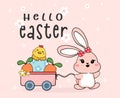 Cute white bunny rabbit and baby chicken with Easter eggs wooden cart trolley, Hello Easter, cartoon drawing outline vector Royalty Free Stock Photo