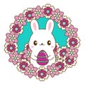 Cute white bunny sitting among flowers. Sweet easter rabbit with egg. Isolated vector icon, banner