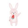 Cute white bunny in with watermelon ice cream waving hand. Hello summer, summer vacation, summertime. Hand drawn vector Royalty Free Stock Photo