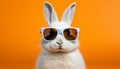 Cute white bunny wearing sunglasses on bright solid color background with space for text