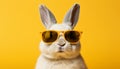 Cute white bunny wearing sunglasses in heat on solid color backgroundStudio shot with copy space. Royalty Free Stock Photo