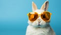 cute white bunny wearing sunglasses in vibrant solid color backgroundStudio shot with copy space. Royalty Free Stock Photo