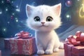 cute white cartoon kitten sits near beautifully packed gift boxes