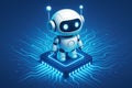 Cute white cartoon robot with antennas on a glowing microchip with circuit board background android artificial intelligence Royalty Free Stock Photo