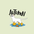 Cute White Cat with Autumn Accessories. Vector Cartoon Character with Handwritten Lettering