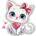 A cute white cat with blue eyes is holding a red heart. The cat is wearing a red bow on its head. There are pink hearts floating Royalty Free Stock Photo