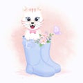 Cute white cat in boot shoe and butterflies, hand drawn animal illustration Royalty Free Stock Photo