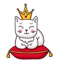 Cute White Cat With Crown On A Red Royal Pillow.