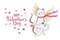 Cute white cat with cupid bow and wings. St. Valentine`s day concept. Happy Valentine`s Day text with hearts. Vector Royalty Free Stock Photo
