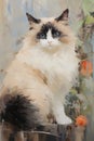 Cute white cat on a landscape background, pet wall art porter in style of abstract impressionism oil painting Royalty Free Stock Photo