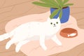 Cute white cat lying on carpet vector flat illustration. Adorable cartoon domestic animal relaxing near houseplant in Royalty Free Stock Photo