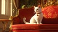 A cute white cat sitting on Red Luxury sofa having Bell in neck Royalty Free Stock Photo