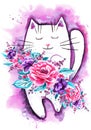 Cute white cat smiles with spring flowers Royalty Free Stock Photo