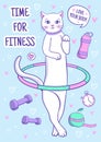 Cute white cat spins hula hoop, fitness card, sport motivation Royalty Free Stock Photo