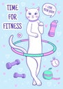 Cute white cat spins hula hoop, fitness card, sport motivation