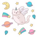 Cute white cat in a unicorn costume with wings and rainbow horn. It can be used for sticker, patch, phone case, poster Royalty Free Stock Photo