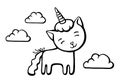 Cute white cat unicorn with horn on sky background with Clouds. Hand drawn vector illustration for t shirt printing and Royalty Free Stock Photo