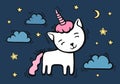 Cute white cat unicorn with pink horn on night sky background with moon and stars. Hand drawn vector illustration for t Royalty Free Stock Photo