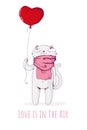 Cute white cat wearning pink scarf and hold red heart shaped balloon. Love is in the air. St Valentine`s Day concept. Vector Royalty Free Stock Photo