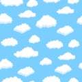 Cute white clouds in blue sky seamless pattern. Texture for wallpapers, fabric, wrap, web page backgrounds, vector illustration