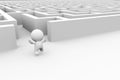 Cute white 3d character is very happy about finding the exit out of a huge maze Royalty Free Stock Photo