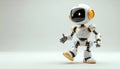 Cute white 3d robot character with orange accents dances on a plain light background. This friendly android moves with a playful, Royalty Free Stock Photo