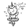 Cute white dancing cat unicorn with horn on white background with hearts. Hand drawn vector illustration for t shirt Royalty Free Stock Photo