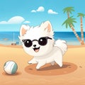 Cute white dog plays ball on a beach, cartoon chibi style, generative AI Royalty Free Stock Photo