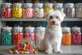 Cute white dog posing with colorful candy jars. pet photography, cheerful and bright style. ideal for pet shops and Royalty Free Stock Photo