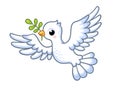 Cute white dove with a twig in its beak flies on a white background. Vector illustration with a bird