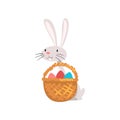 Cute White Easter Bunny with Basket of Colorful Eggs, Adorable Rabbit Cartoon Character Vector Illustration Royalty Free Stock Photo