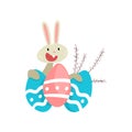 Cute White Easter Bunny with Colorful Eggs, Funny Rabbit Cartoon Character with Willow Twigs Vector Illustration Royalty Free Stock Photo