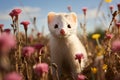 cute white ermine among flowers on a sunny day with blue sky