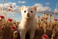 cute white ermine among flowers on a sunny day