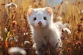 cute white ermine among flowers on a sunny day