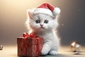 cute white fluffy kitten in santa hat sits near beautifully packed gift boxes