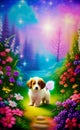 A White, Fluffy Puppy with A Butterfly in a Dreamy Floral Landscape