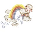 Cute white fluffy sheep sitting on the rainbow and clowds arround it. Illustration of farm baby animal . Perfect for wedding