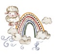 Cute white fluffy sheep sitting on the rainbow and clowds arround it. Illustration of farm baby animal . Perfect for wedding