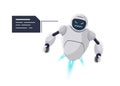 Cute white flying robot character angry. Futuristic chatbot mascot furious with speech bubble. Tech cartoon online evil