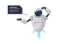 Cute white flying robot character thinking. Futuristic chatbot mascot embarrassment with speech bubble. Tech cartoon